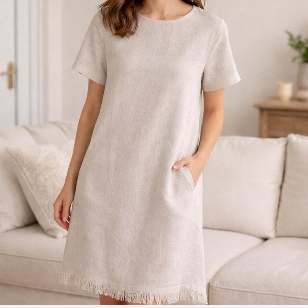 Crown Linen blend Beige with subtle metallic Short Sleeve Dress - Picture 1 of 7